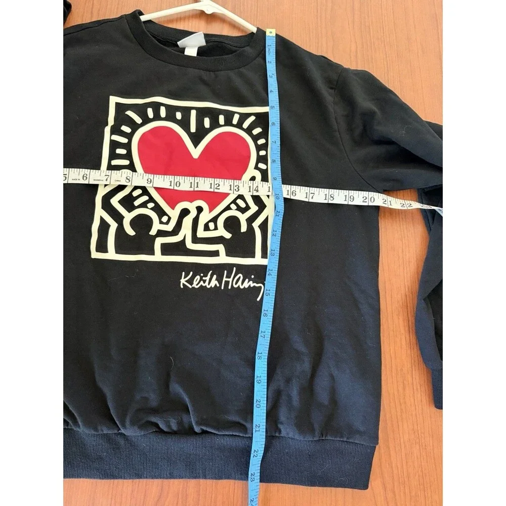 Keith Haring Heart Graphic Sweatshirt Black Crewneck Unisex M Medium 60/40 Blend